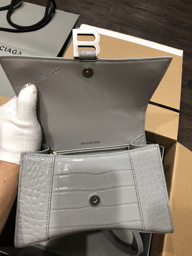 Balenciaga專櫃爆款大號手提女包 巴黎世家升級版鱷魚灰色銀扣Hourglass沙漏包 fyj1638